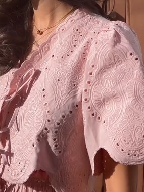 Pink Eyelet Tie-Front Cropped Top